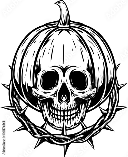 SVG vector of a Halloween-themed pumpkin skull design. Skull and Pumpkin Design with Thorny Crown for Halloween Aesthetics