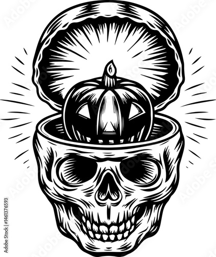 SVG vector of a Halloween-themed pumpkin skull design. Skull with Pumpkin Inside for Halloween Festive Illustration