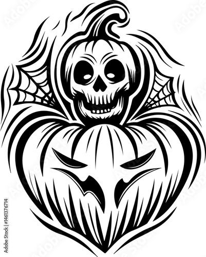 SVG vector of a Halloween-themed pumpkin skull design. Skull with Pumpkin and Web Design for Halloween Tattoo Art
