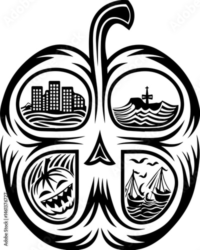SVG vector of a Halloween-themed pumpkin skull design. Black and White Art Featuring a Stylized Pumpkin with Scenic Imagery