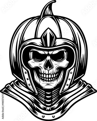 SVG vector of a Halloween-themed pumpkin skull design. Black and White Skull with Helmet Design for Halloween Theme Artwork
