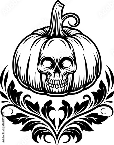 SVG vector of a Halloween-themed pumpkin skull design. Skull and Pumpkin Design with Ornate Floral Elements in Black and White
