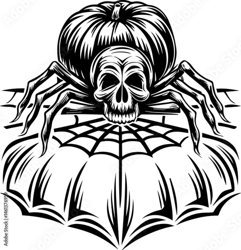 SVG vector of a Halloween-themed pumpkin skull design. Skull Spider with Pumpkin and Web Graphic for Halloween Design