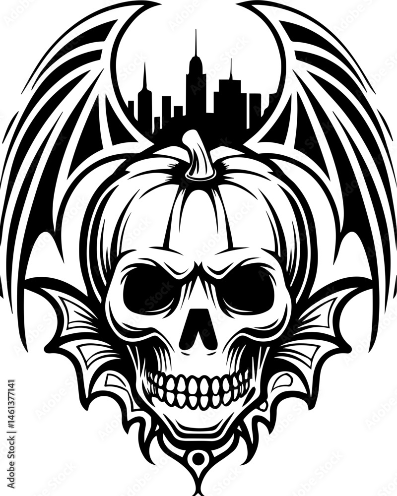 Fototapeta premium SVG vector of a Halloween-themed pumpkin skull design. Skull and Pumpkin with Wings and City Skyline in Black Design