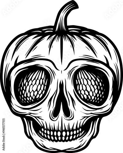SVG vector of a Halloween-themed pumpkin skull design. Skull and Pumpkin Hybrid Design for Halloween Celebration Artwork