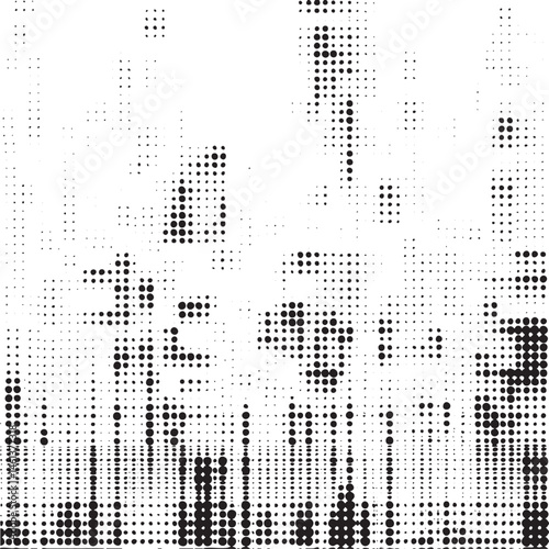 A dense array of small black and white dots creates an abstract landscape.