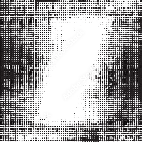 A large white letter 'F' is prominently displayed within a textured black and white background of scattered dots.