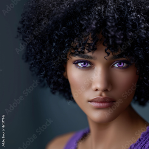 A woman with purple hair and purple eyes