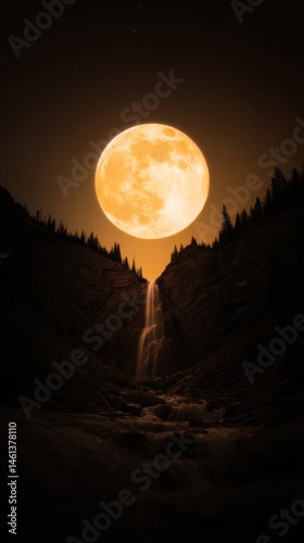 huge full moon over mountain waterfall glowing in the dark