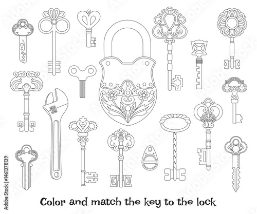 Color and match the key to the lock. Relaxing coloring vector illustration