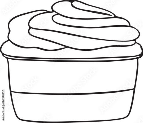 A simple container holds a swirl of creamy topping.
