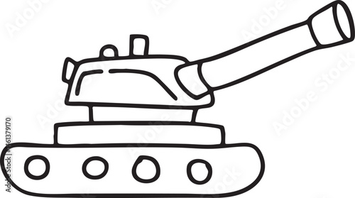 A black and white drawing depicts a tank with its gun raised.