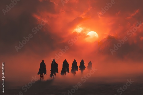In remembrance of Imam Hussein's sacrifice and resistance, courageous riders advance under a dramatic sunset sky. Generative Ai