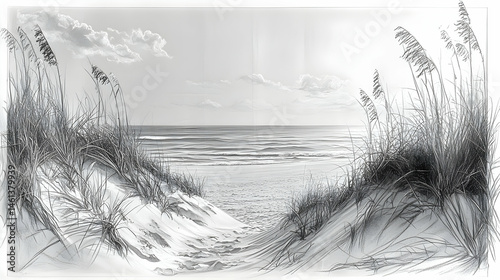 Coastal dune pathway scene, tranquil beach