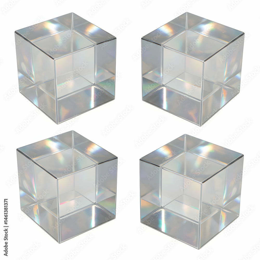 Fototapeta premium Four transparent cubes arranged in a square formation, exhibiting light refraction on a white background