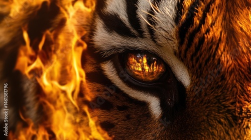 Intense Gaze: A Tiger's Eye Reflecting Fire and Raw Primal Power