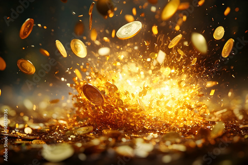 Golden coins exploding in a dramatic monetary display.