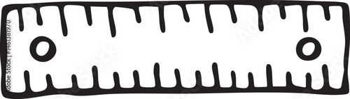 A white ruler with marked measurements and two circular end markers.