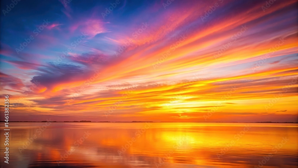 Naklejka premium Vibrant neon streaks illuminate a serene sunrise landscape with soft pink hues blending into warm oranges and yellows, neon lights, morning light