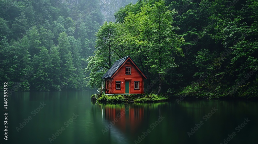 Fototapeta premium Red Cabin on Lake in Green Forest