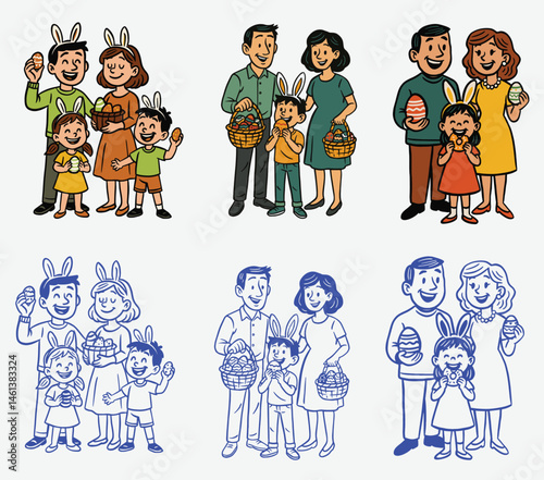Set illustrations of family celebrate easter