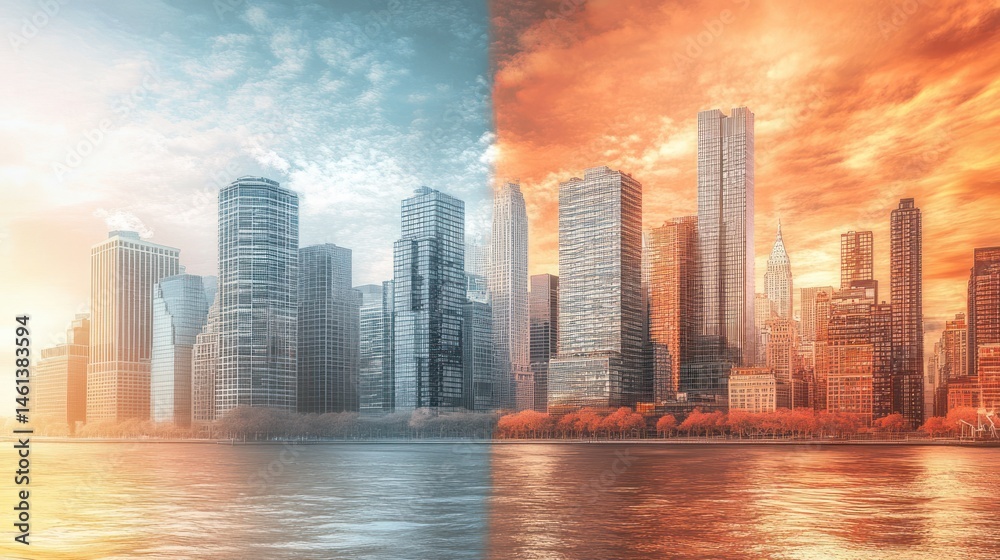 Fototapeta premium Contrasting visions of a vibrant metropolis skyline by the riverside view