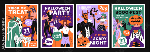 Set of costumed Halloween party event poster designs. Advertising templates of Helloween masquerade, carnival with people wearing witch, fairy, devil suits for festival. Flat vector illustrations