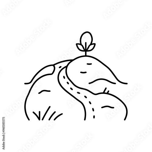 Minimalist illustration of a sprouting plant on a hillside