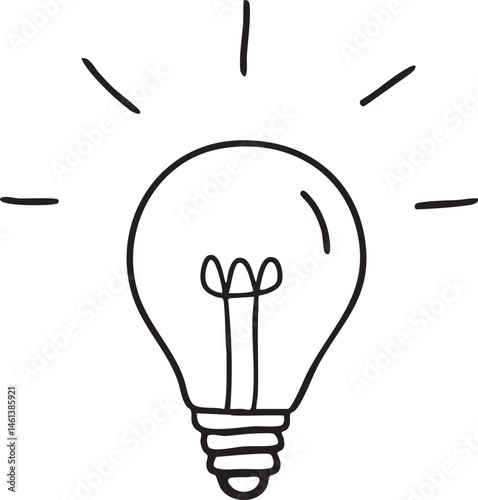 A simple drawing of a glowing lightbulb radiates with bright rays.