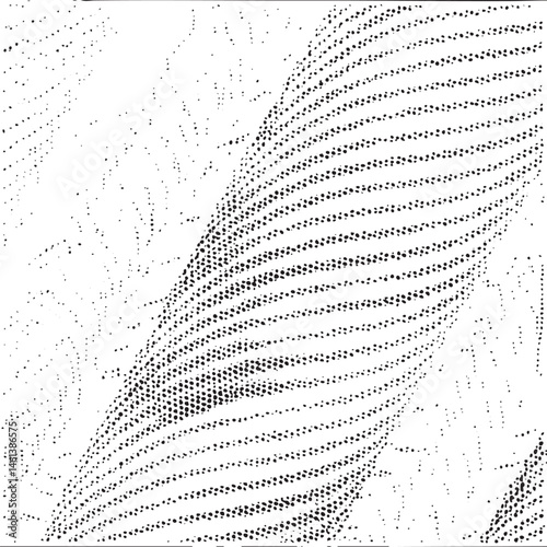 A dense collection of small dark dots forms a sweeping dynamic spiral