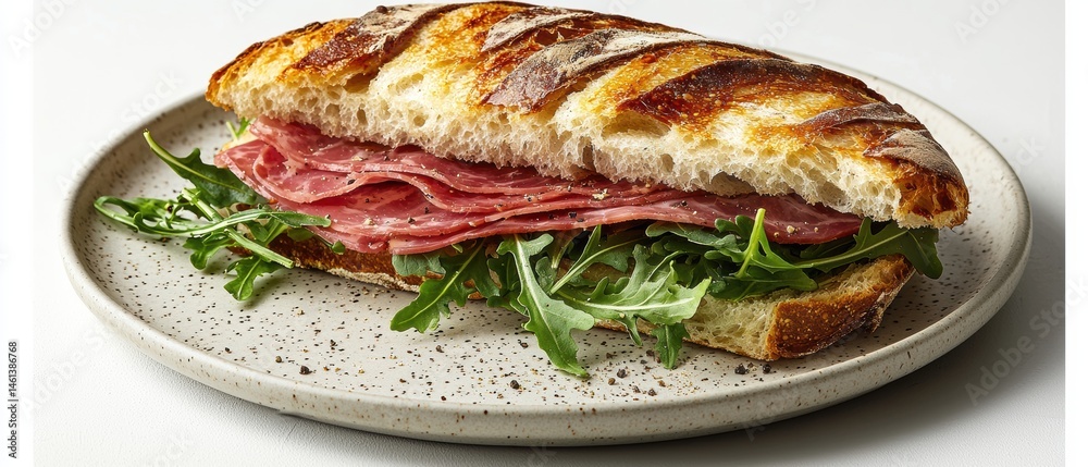 Rustic sandwich stacked with cured ham and fresh arugula on grey plate Rustic sandwich stacked with cured ham and fresh arugula on grey plate