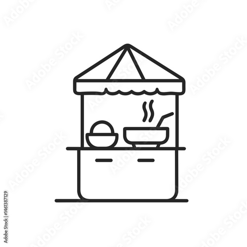 Food stall with bowls and steaming soup under a canopy