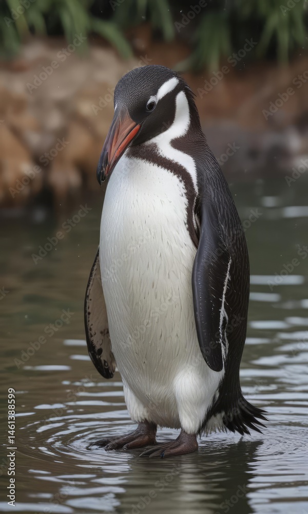 Fototapeta premium Humboldt penguin preening feathers near water, bird watching, feather