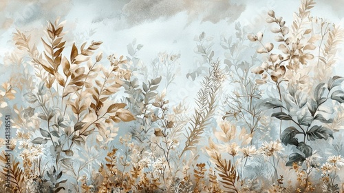 Elegant watercolor paintings with gold accents and botanical illustrations.