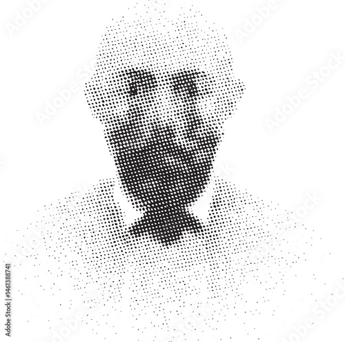 A grayscale portrait reveals a human face formed by numerous tiny dots.