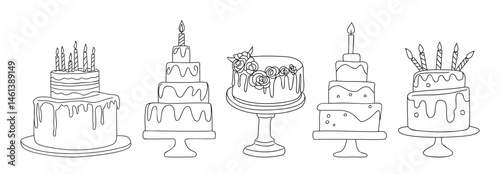 Set of birthday cakes with candles line art hand drawn vector illustrations isolated on transparent background
