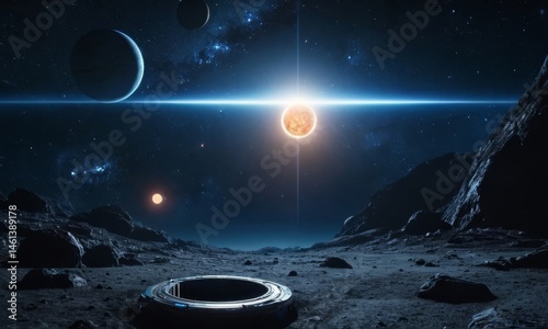 Alien Landscape: Desolate Planet with Distant Stars and a Glowing Sun