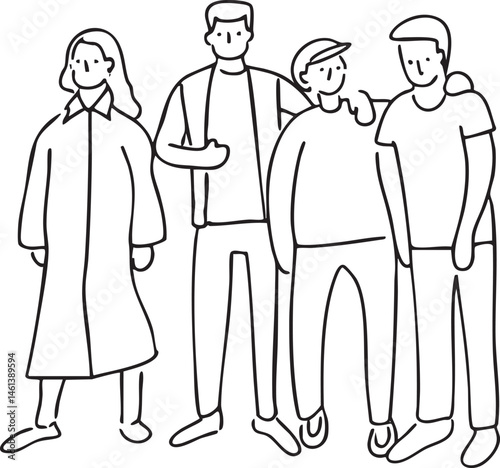 Four diverse individuals stand together in a relaxed group pose.