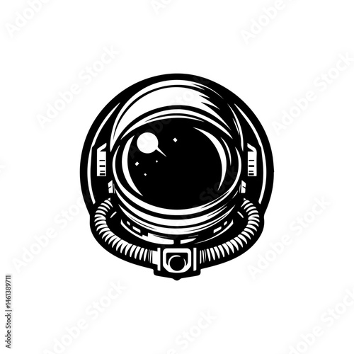 Striking black and white illustration of an astronaut floating in space with stars and a planet. Space exploration concept
