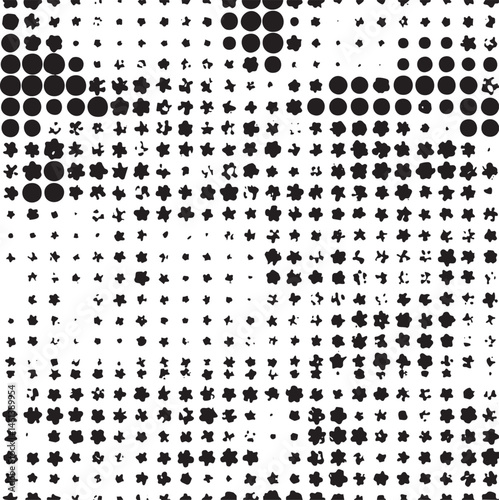 A dense of overlapping black and white circular shapes creates a textured abstract