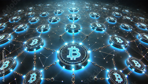 Blockchain network nodes and chain links glowing on dark blue background, secure digital transaction concept