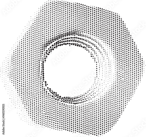 A dynamic swirling of black dots emanates from a central white circle.