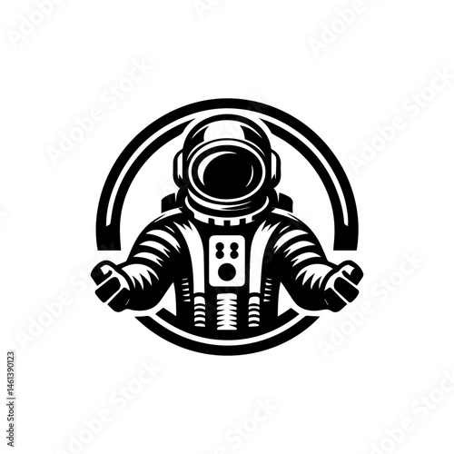 Striking black and white illustration of an astronaut floating in space with stars and a planet. Space exploration concept