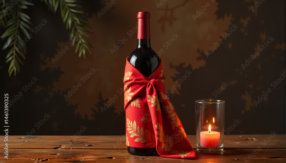 Eco-packaging Japanese Furoshiki motifs wine bottle with candle Eco-packaging Japanese Furoshiki motifs wine bottle with candle
