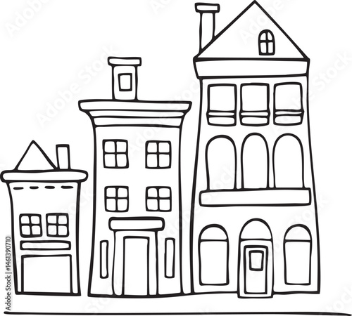 Simple black and white drawing of three distinct buildings.