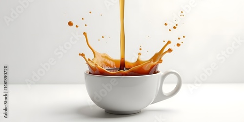 3D render of a water droplet falling into a coffee surface, with rich espresso browns and caramel splash effects against a minimalist white ceramic background
