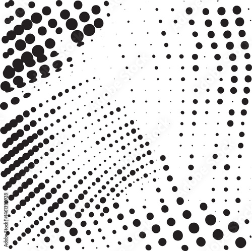 A dynamic composition of scattered black dots against a white background creates an abstract