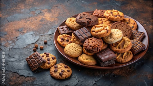 A plate of assorted cookies and brownies on a dark background with a few crumbs scattered around ,dessert,  dessert