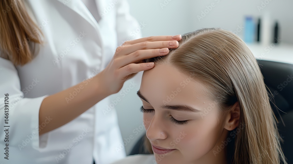 Fototapeta premium Gentle hair scalp massage relaxing treatment healthy hair care soft touch blonde hair beauty salon