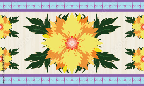 The blue border carpet pattern has a row of floral patterns in a row and in the middle of the yellow there are beautiful flowers arranged in an orderly manner. Fabric patterns, vectors, cream